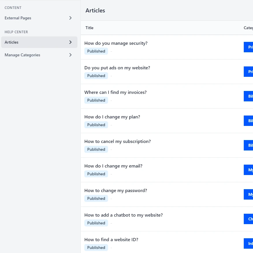 Screenshot of Knowledge Base admin article list