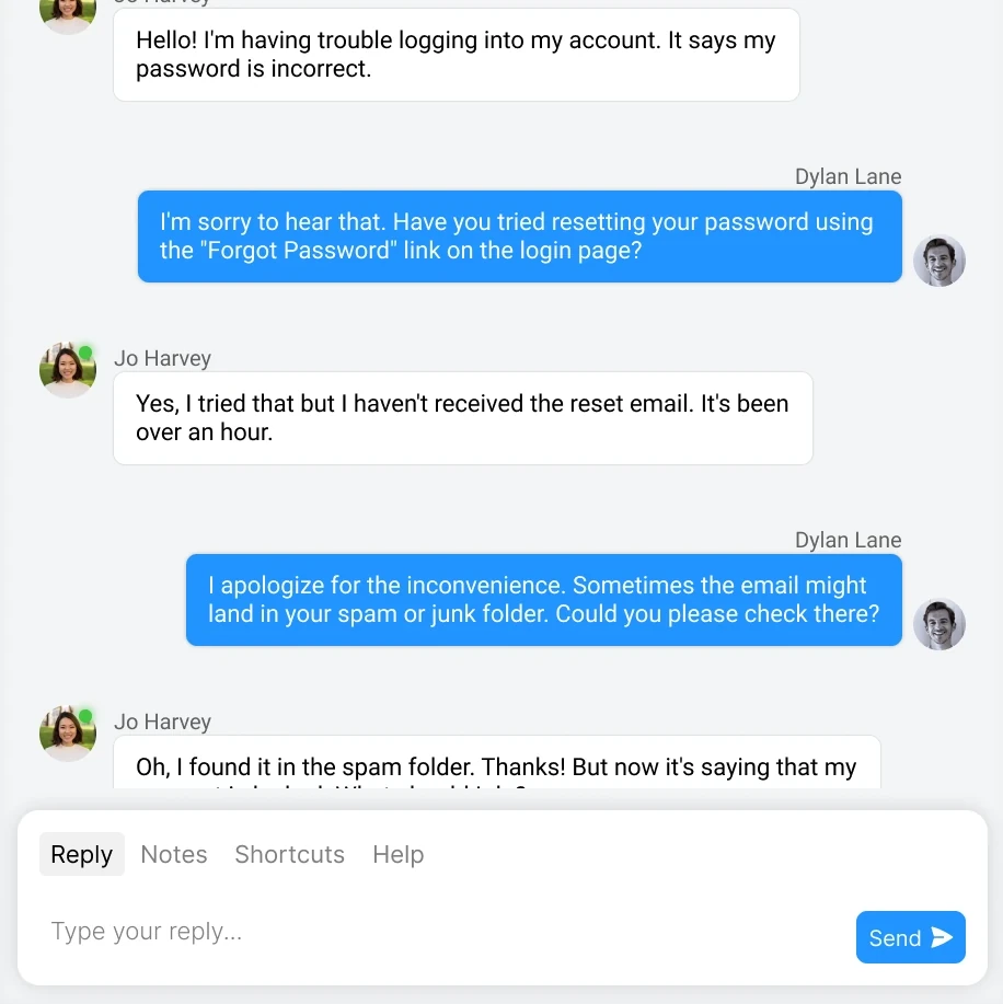 Screenshot of shared inbox chat panel